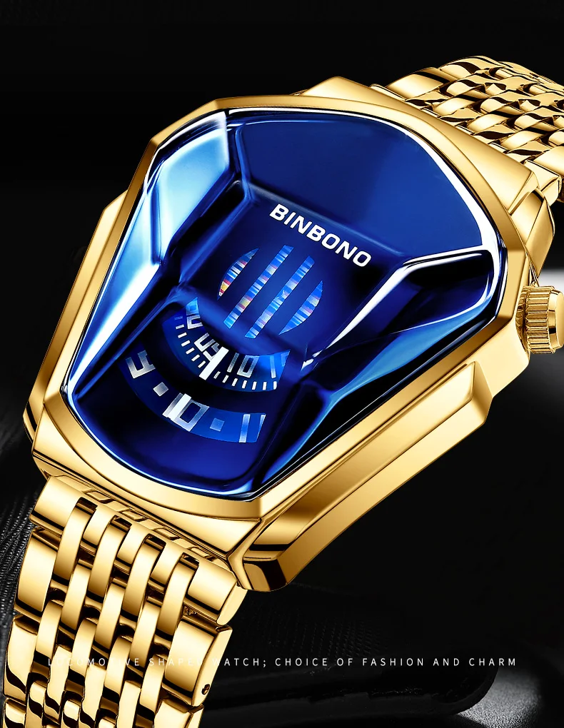 BINBOND Men Popular Fashion Motorcycle Concept Quartz Watch Luminous Steel Band Mesh Watch Touch Screen Black Technology Watch