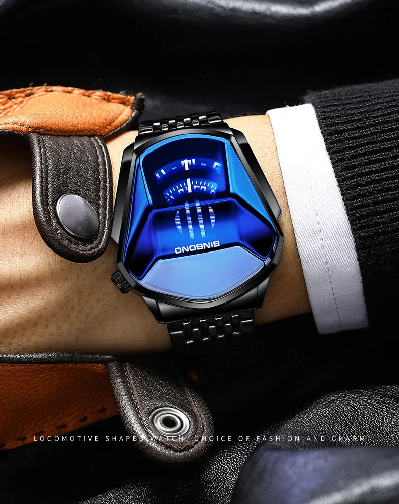 BINBOND Men Popular Fashion Motorcycle Concept Quartz Watch Luminous Steel Band Mesh Watch Touch Screen Black Technology Watch