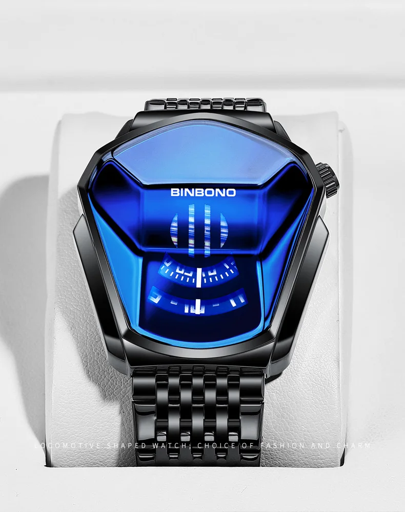 BINBOND Men Popular Fashion Motorcycle Concept Quartz Watch Luminous Steel Band Mesh Watch Touch Screen Black Technology Watch