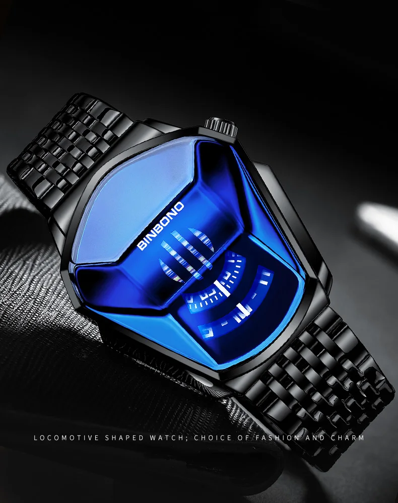 BINBOND Men Popular Fashion Motorcycle Concept Quartz Watch Luminous Steel Band Mesh Watch Touch Screen Black Technology Watch