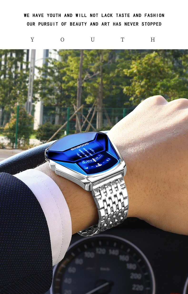 BINBOND Men Popular Fashion Motorcycle Concept Quartz Watch Luminous Steel Band Mesh Watch Touch Screen Black Technology Watch