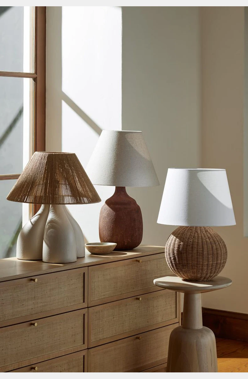 Wabi-sabi Retro Desk Lamp Bedroom Bedside fabric Table Lamp Medieval Hotel Rattan Fujii Weaving Atmosphere Home Decor E27