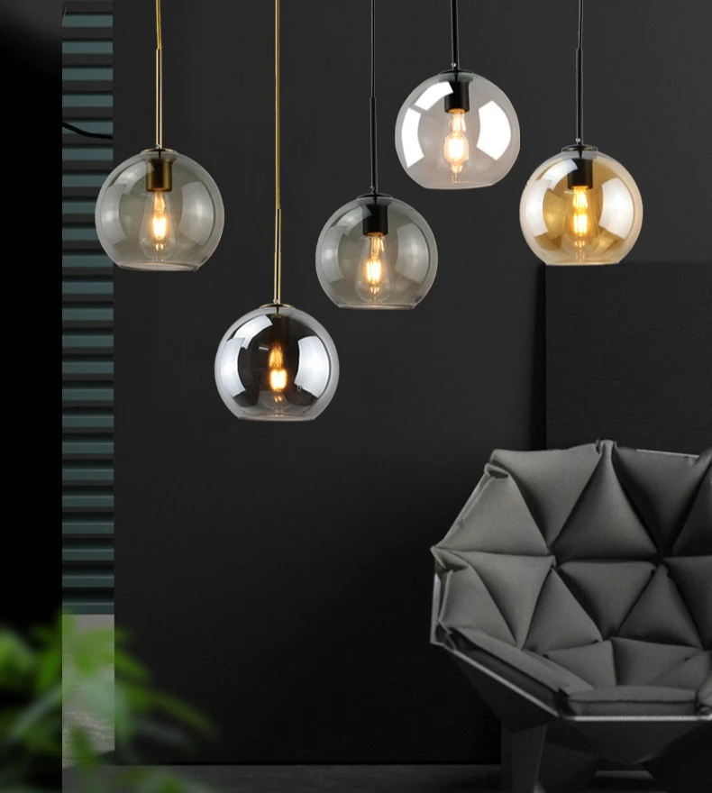 Modern Glass Ball Chandelier Lights for Dining Room Bar Kitchen Hanging Lamps Living Smoky Gray Glass Lampara Lustres Led Lights