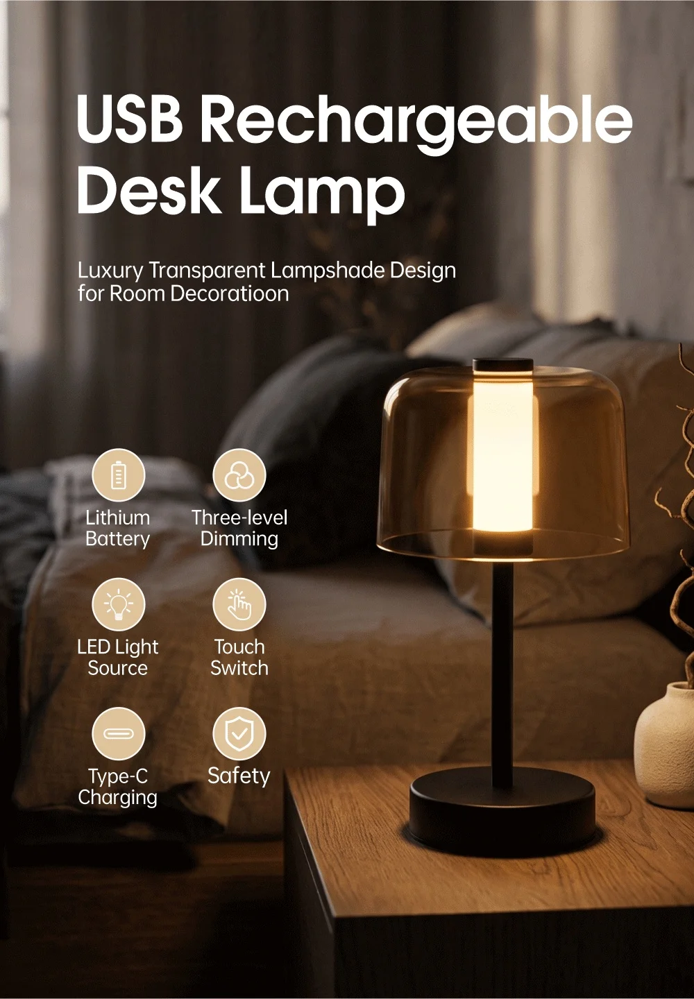 KFV Desk Lamp Luxury Transparent Light Lampshade Bedroom LED Table Lamp Decoration Mood Light Bedside Rechargeable Desk Lamps