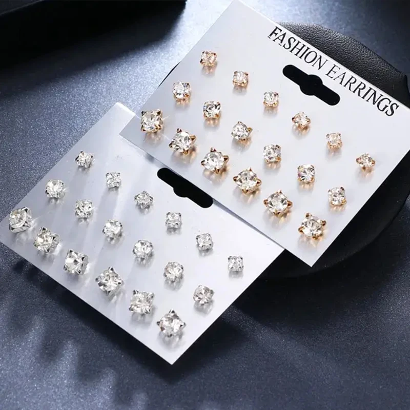 Sparkling 9/18-Pairs Classic Stud Earrings Set for Women,Rhinestone Studded, Perfect for Everyday Wear and Festive Celebrations