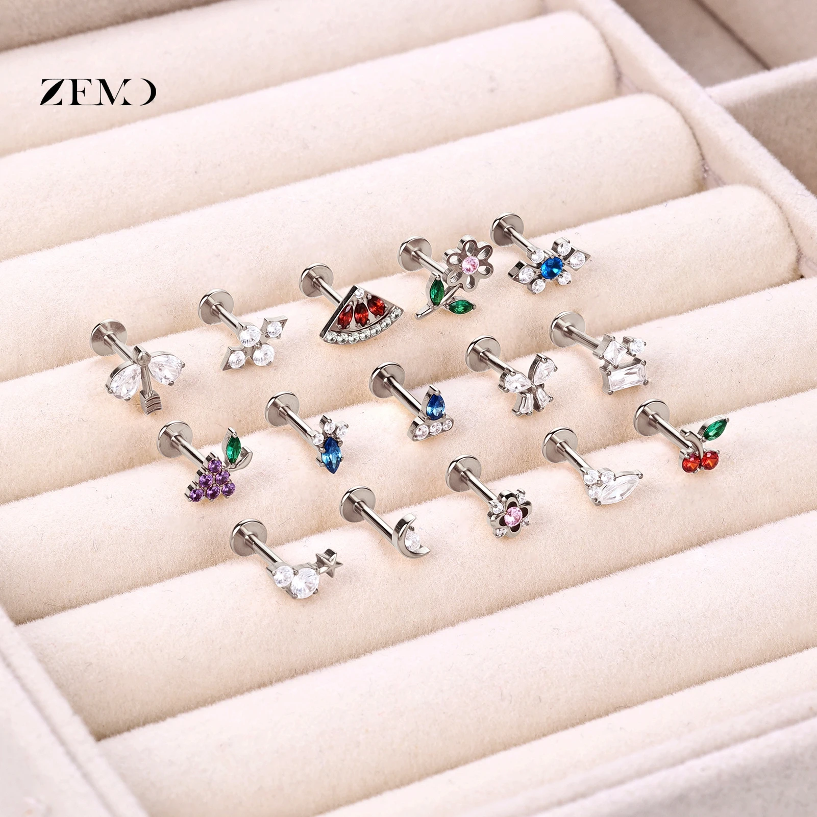 ZEMO 1 Piece ASTM F136 Titanium Colorful Lip Piercing Women Men 16G Flower Grape CZ Crystal Lip Ear Stud Cartilage Helix Earring