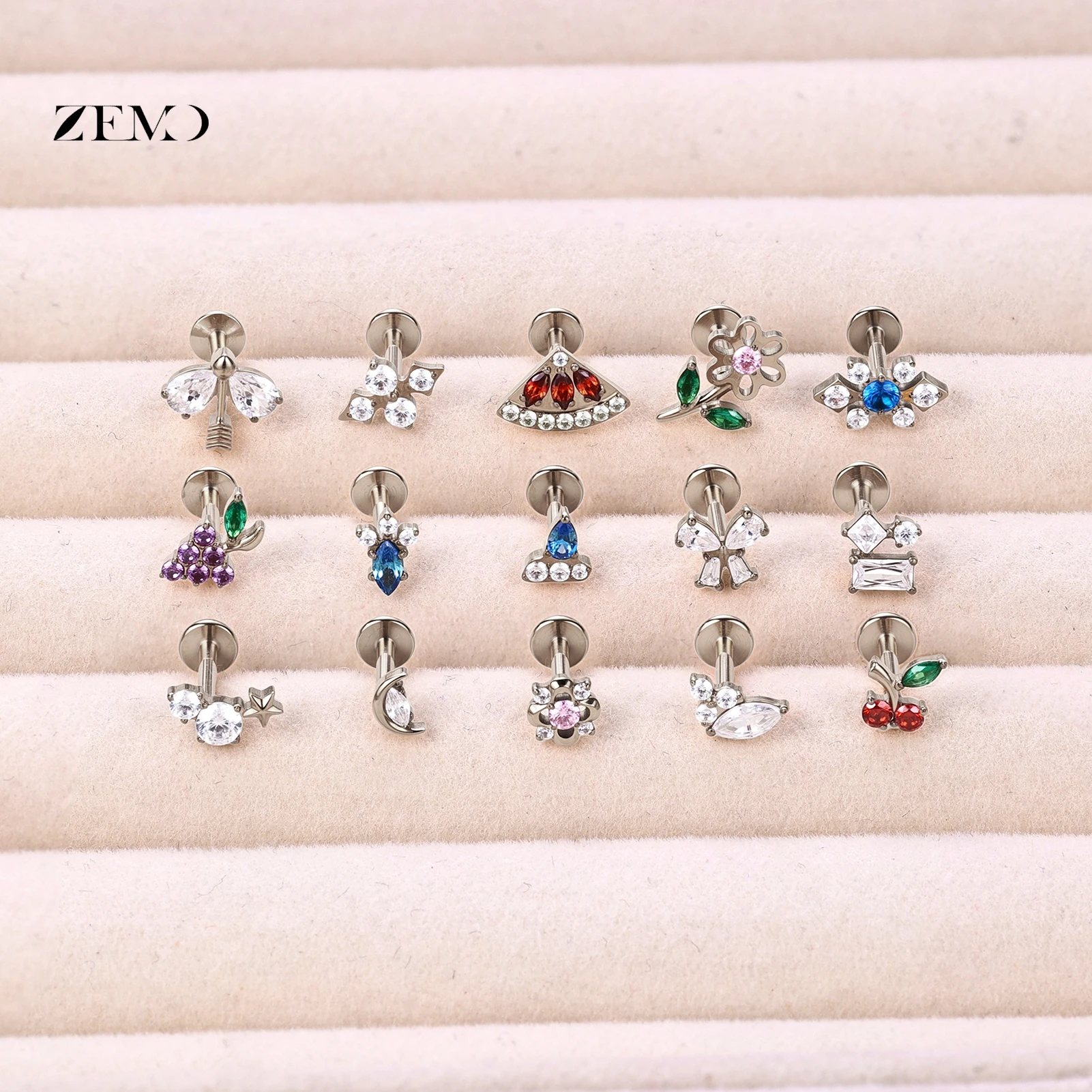 ZEMO 1 Piece ASTM F136 Titanium Colorful Lip Piercing Women Men 16G Flower Grape CZ Crystal Lip Ear Stud Cartilage Helix Earring
