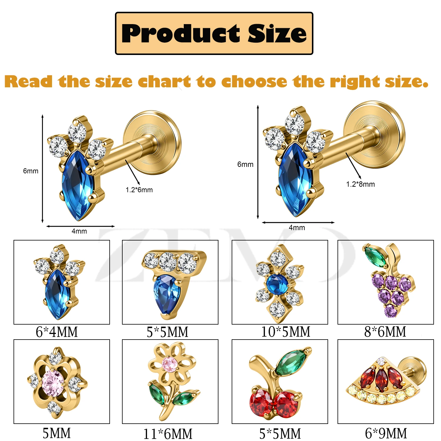 ZEMO 1 Piece ASTM F136 Titanium Colorful Lip Piercing Women Men 16G Flower Grape CZ Crystal Lip Ear Stud Cartilage Helix Earring