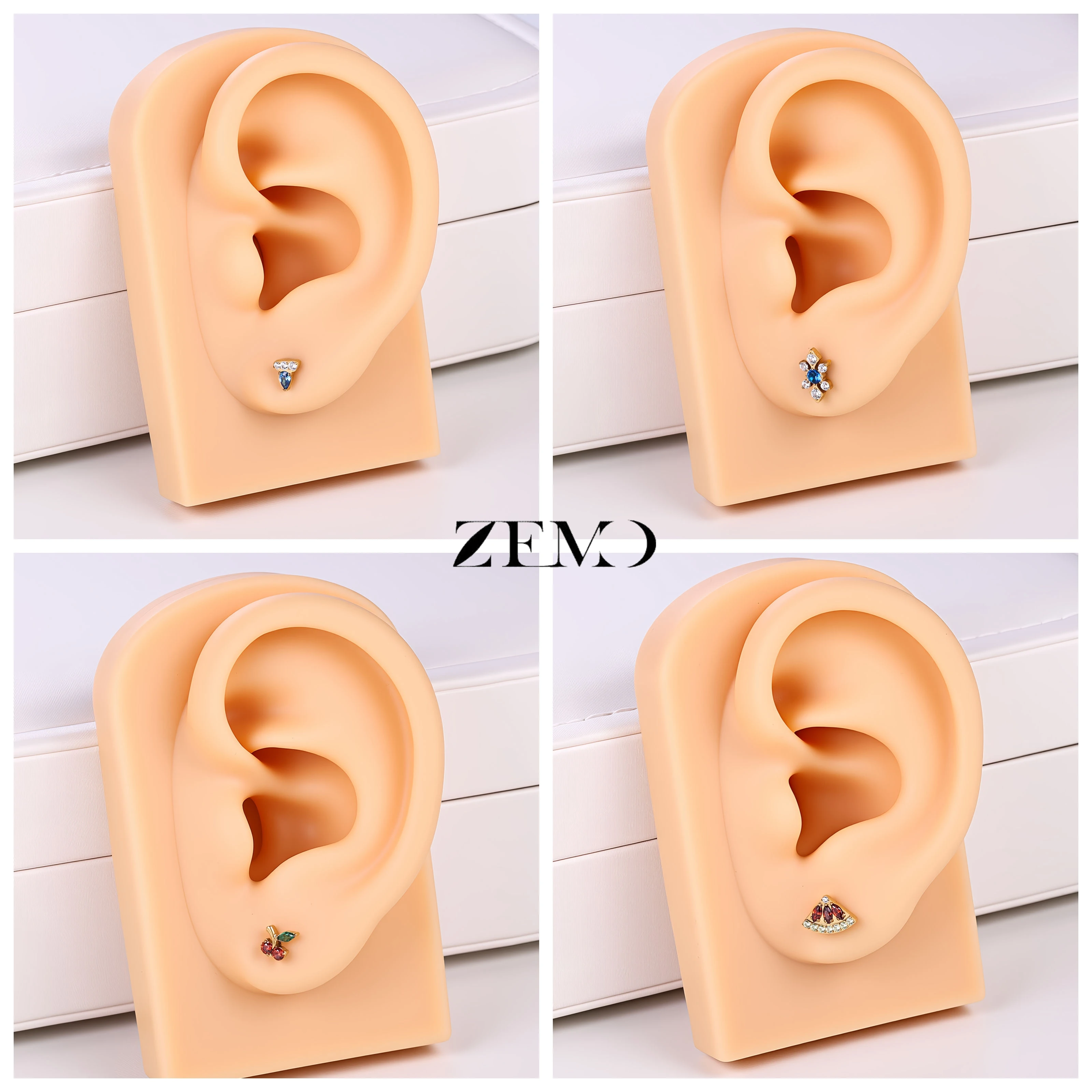 ZEMO 1 Piece ASTM F136 Titanium Colorful Lip Piercing Women Men 16G Flower Grape CZ Crystal Lip Ear Stud Cartilage Helix Earring