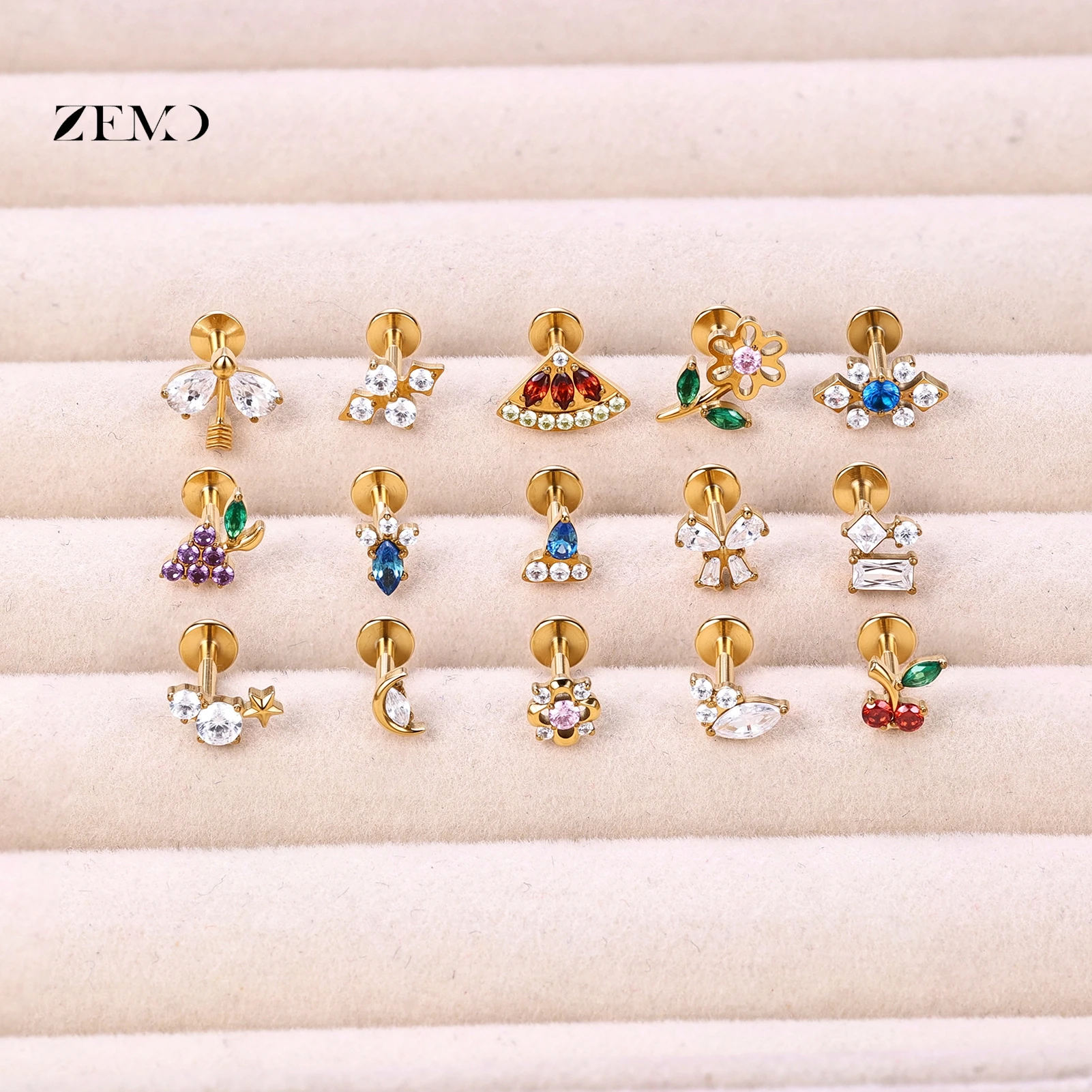ZEMO 1 Piece ASTM F136 Titanium Colorful Lip Piercing Women Men 16G Flower Grape CZ Crystal Lip Ear Stud Cartilage Helix Earring