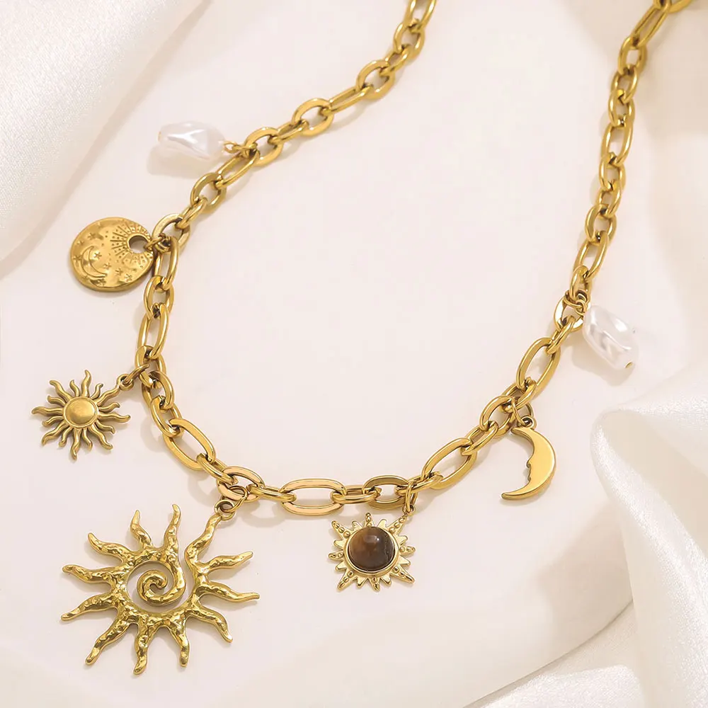 Trendy Sun Moon Shape Imitation Pearl Pendant Necklace Stainless Steel PVD Gold-plated Craft Gold Waterproof Women Jewelry Gift