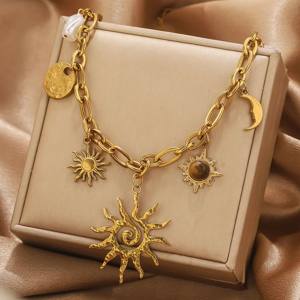 Trendy Sun Moon Shape Imitation Pearl Pendant Necklace Stainless Steel PVD Gold-plated Craft Gold Waterproof Women Jewelry Gift
