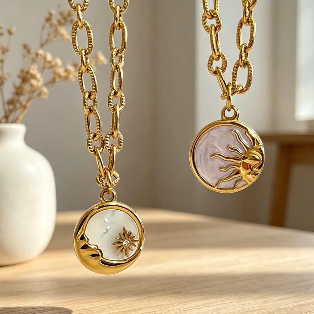 Women's Stainless Steel Sun And Moon Pendant Necklace with Luxury White Shell Round Coin Design Femme Jewelry Bijoux Gift