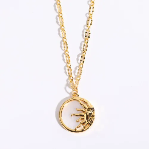 Women's Stainless Steel Sun And Moon Pendant Necklace with Luxury White Shell Round Coin Design Femme Jewelry Bijoux Gift