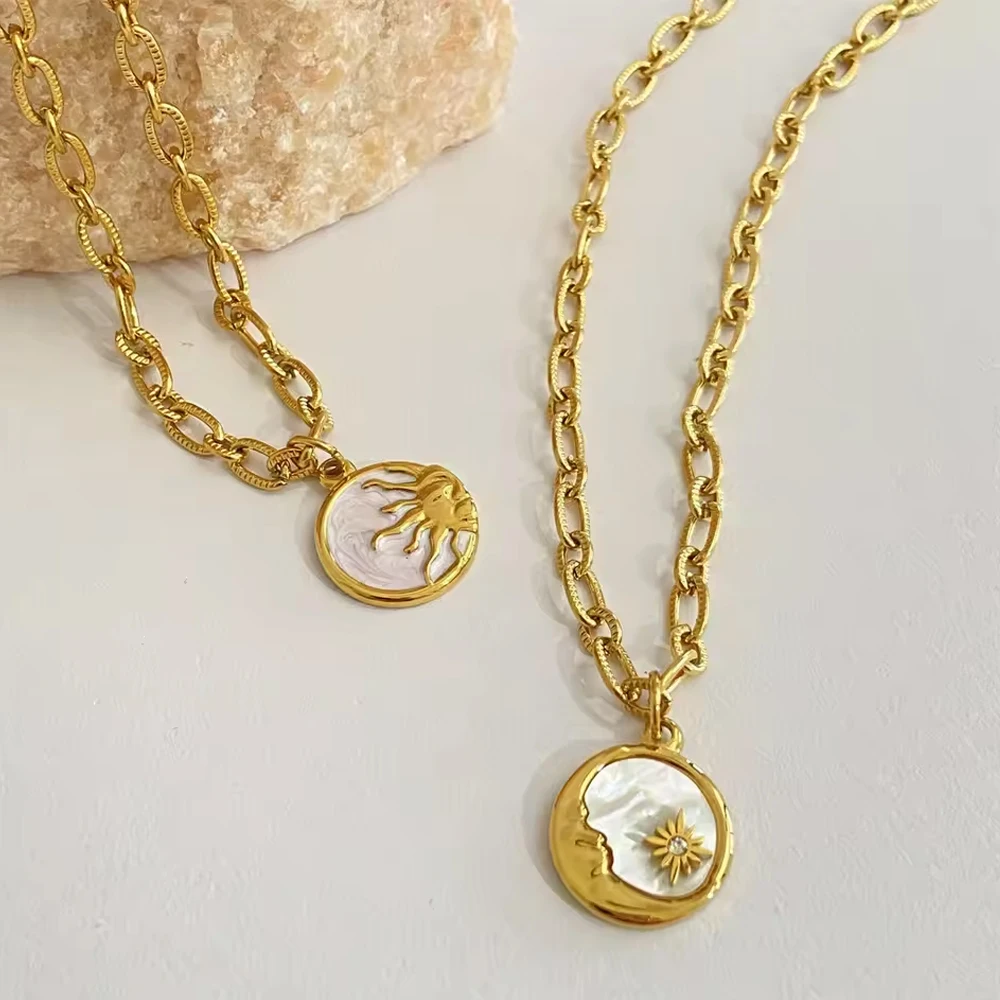 Women's Stainless Steel Sun And Moon Pendant Necklace with Luxury White Shell Round Coin Design Femme Jewelry Bijoux Gift
