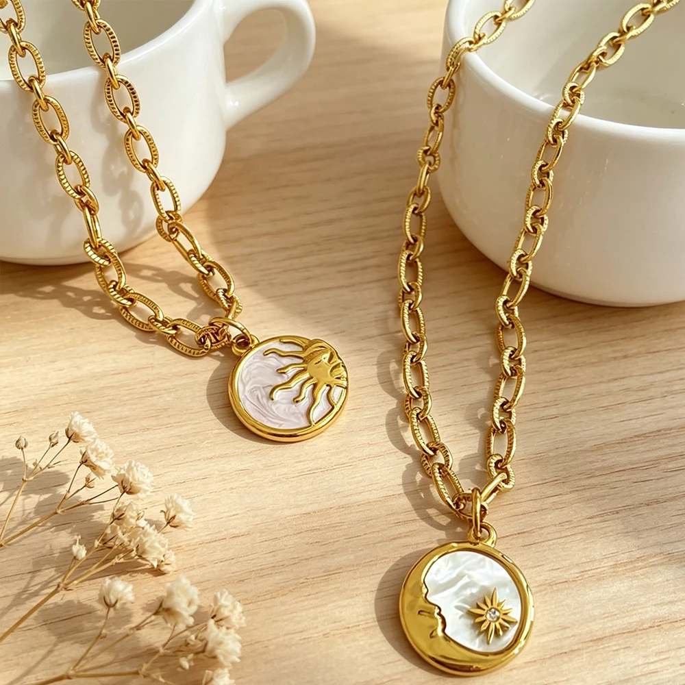 Women's Stainless Steel Sun And Moon Pendant Necklace with Luxury White Shell Round Coin Design Femme Jewelry Bijoux Gift