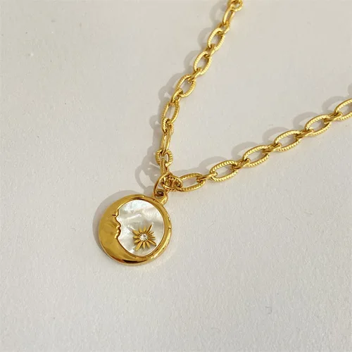 Women's Stainless Steel Sun And Moon Pendant Necklace with Luxury White Shell Round Coin Design Femme Jewelry Bijoux Gift