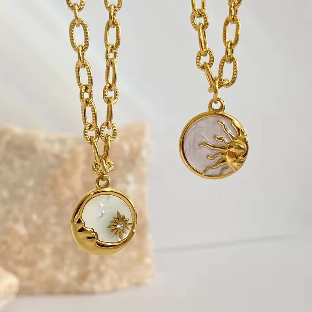 Women's Stainless Steel Sun And Moon Pendant Necklace with Luxury White Shell Round Coin Design Femme Jewelry Bijoux Gift