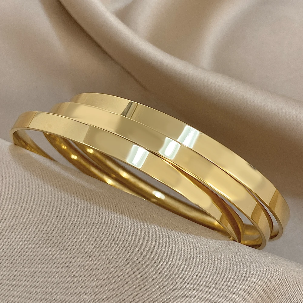 3pcs 18K Gold Plated Stainless Steel Bangle Bracelets for Women Glossy Simple Stacking Wrist Bracelet Waterproof Jewelry