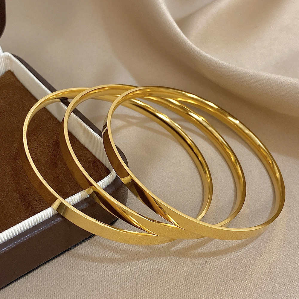 3pcs 18K Gold Plated Stainless Steel Bangle Bracelets for Women Glossy Simple Stacking Wrist Bracelet Waterproof Jewelry