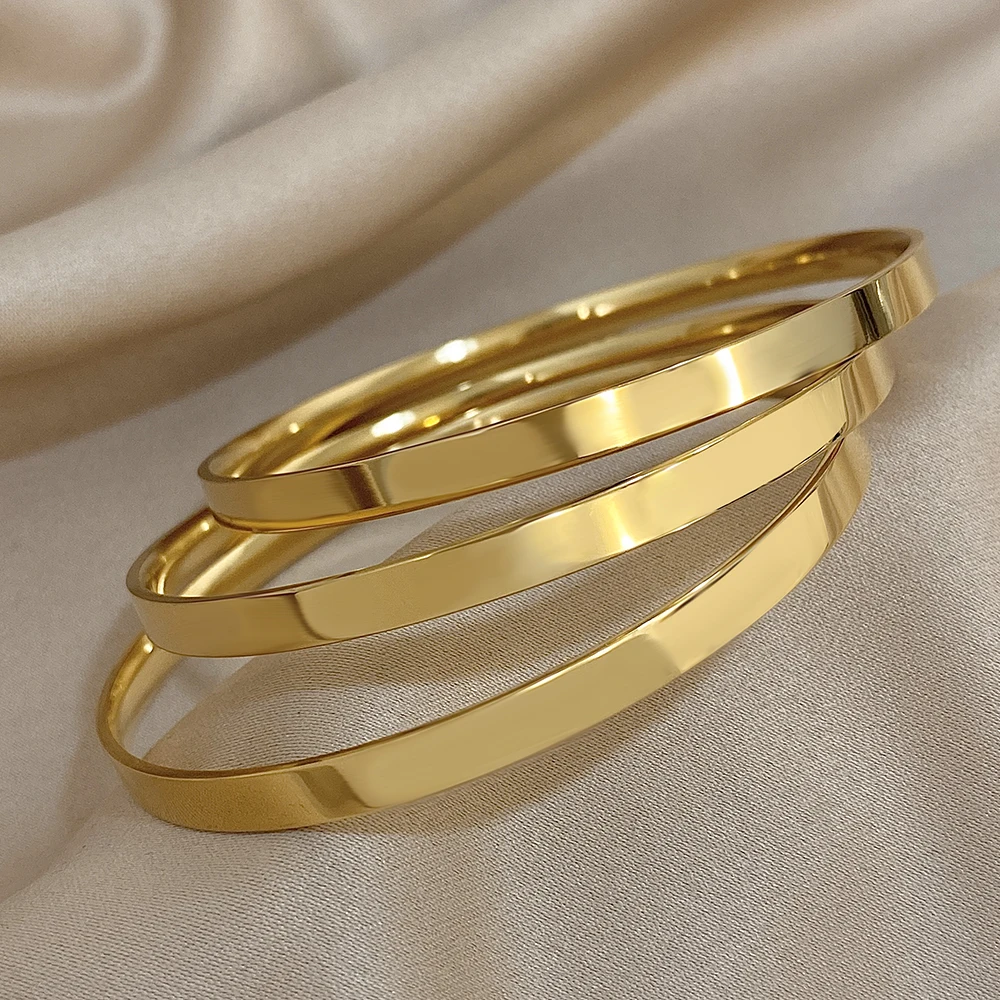 3pcs 18K Gold Plated Stainless Steel Bangle Bracelets for Women Glossy Simple Stacking Wrist Bracelet Waterproof Jewelry