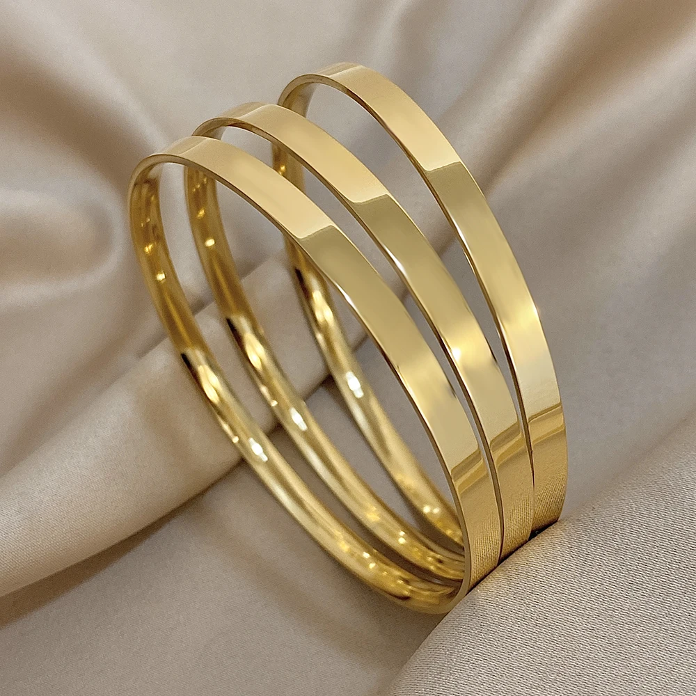 3pcs 18K Gold Plated Stainless Steel Bangle Bracelets for Women Glossy Simple Stacking Wrist Bracelet Waterproof Jewelry