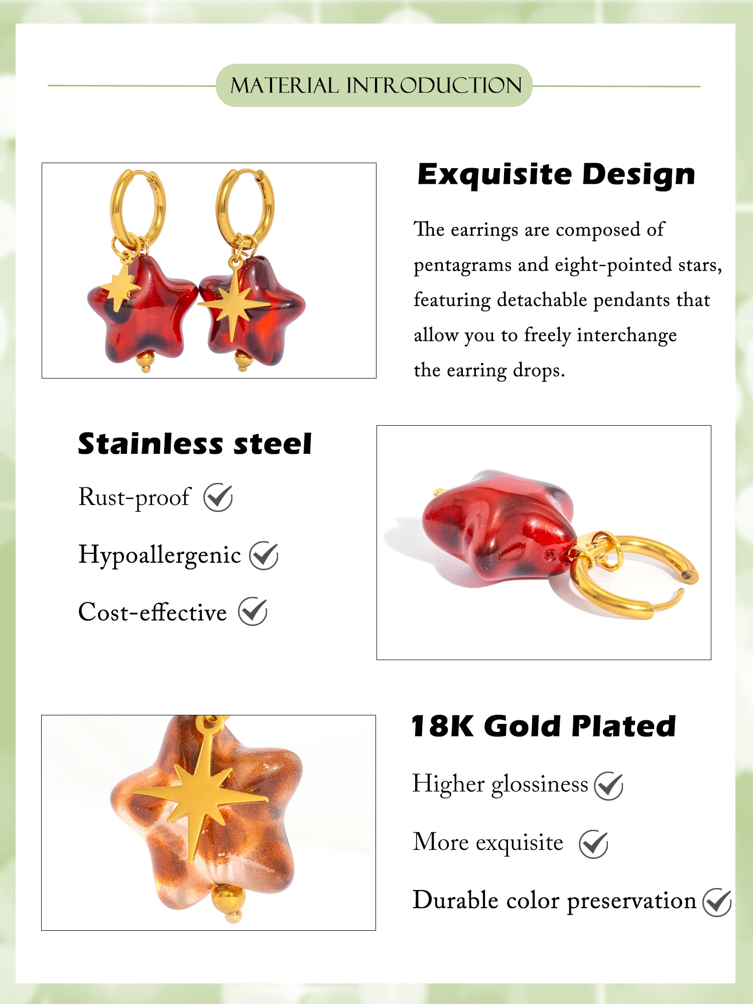 New Star Earrings for Women, Detachable Drop Dangle Pendant with 18K Gold Plated Huggie Hoops, Stainless Steel Hypoallergenic