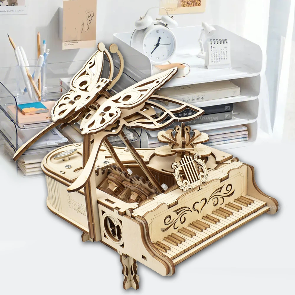 3D Wooden Puzzle Music Box Piano Model Kit DIY Assembly Musical Instrument Building Kits Home Decor Crafts Gift for Adults Kids