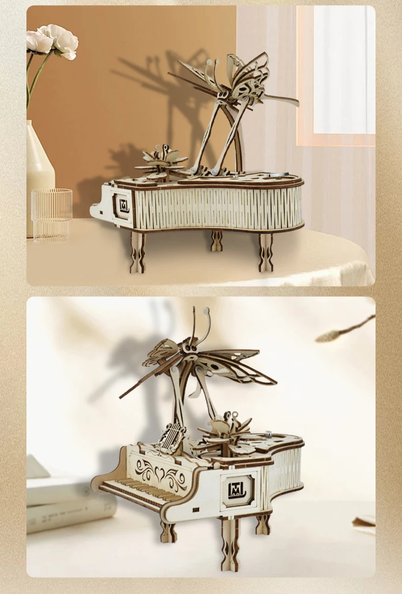 3D Wooden Puzzle Music Box Piano Model Kit DIY Assembly Musical Instrument Building Kits Home Decor Crafts Gift for Adults Kids