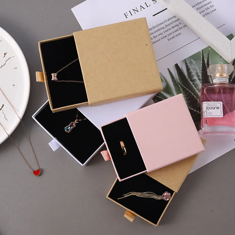 5pcs 9x9x1.7cm Kraft Paper Drawer Travel Jewelry Packaging Box Greeting Card Necklace Bracelet Earrings Gift Organizer Case Box
