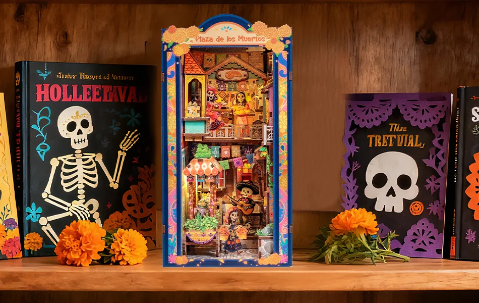 Original CUTEBEE DIY Book Nook Day of the Dead Booknook Plaza De Los Muertos Mexican Folklore Bookshelf Insert Decor DIY Craft
