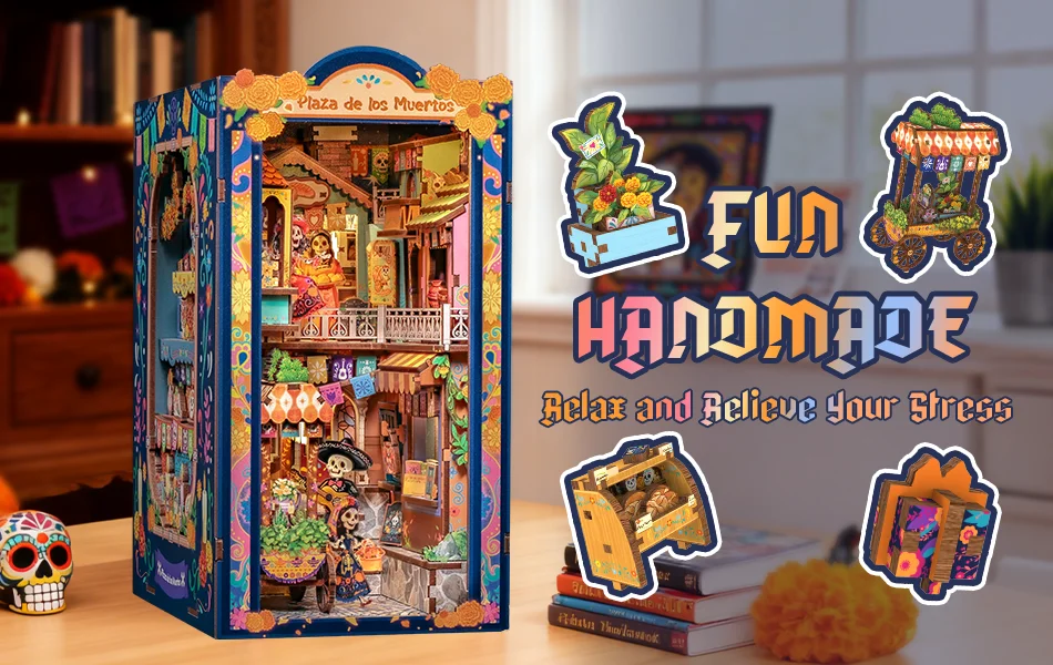 Original CUTEBEE DIY Book Nook Day of the Dead Booknook Plaza De Los Muertos Mexican Folklore Bookshelf Insert Decor DIY Craft