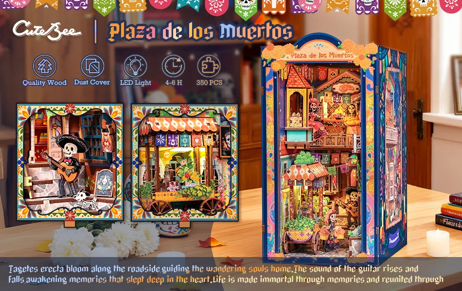Original CUTEBEE DIY Book Nook Day of the Dead Booknook Plaza De Los Muertos Mexican Folklore Bookshelf Insert Decor DIY Craft