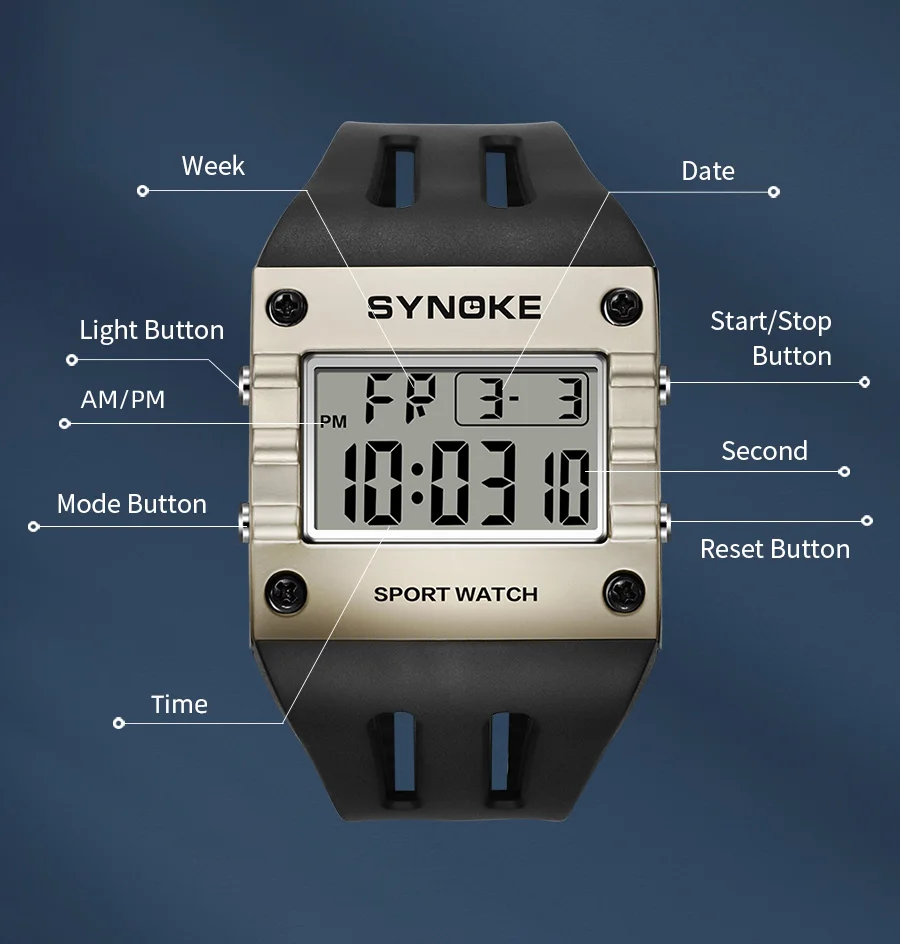 SYNOKE Men's Digital Sport Watch, Waterproof Square Wristwatch with Alarm Stopwatch, EL Luminous, Shockproof, 12/24H, Date Week