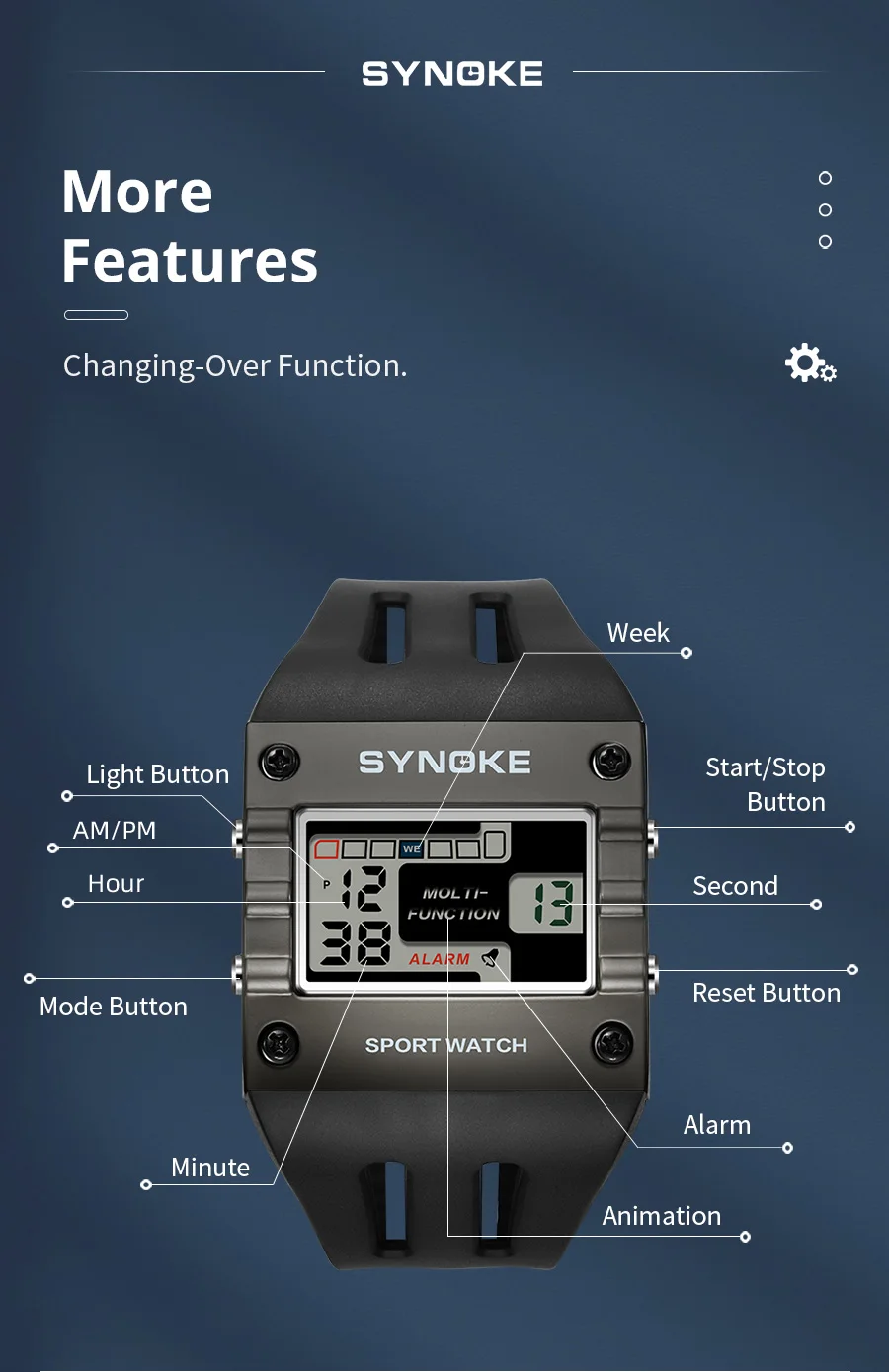 SYNOKE Men's Digital Sport Watch, Waterproof Square Wristwatch with Alarm Stopwatch, EL Luminous, Shockproof, 12/24H, Date Week