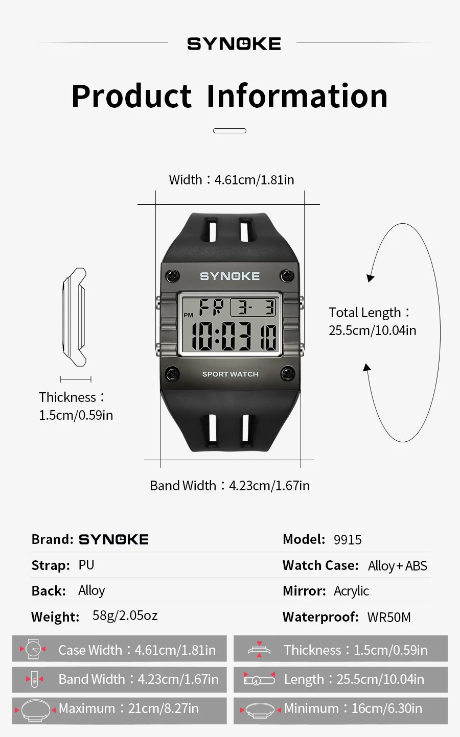 SYNOKE Men's Digital Sport Watch, Waterproof Square Wristwatch with Alarm Stopwatch, EL Luminous, Shockproof, 12/24H, Date Week