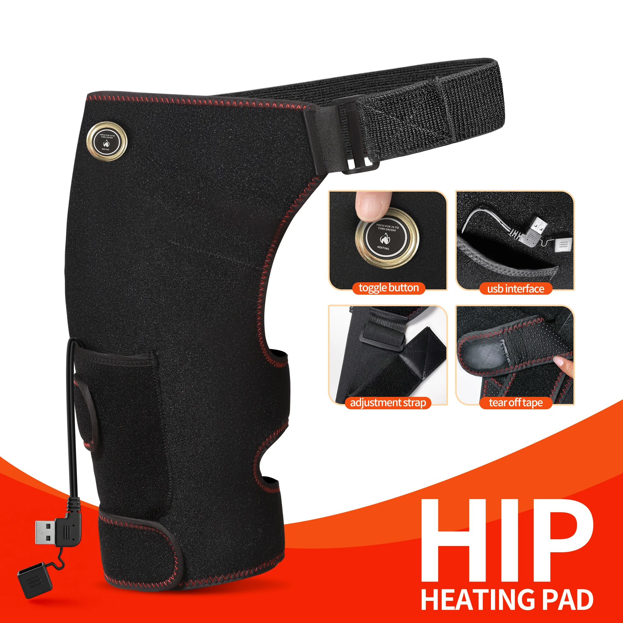 USB Heated Hip Brace Massager Carbon Fiber Heating Pad 3 Modes Pain Relief Muscle Relax Sport Recovery