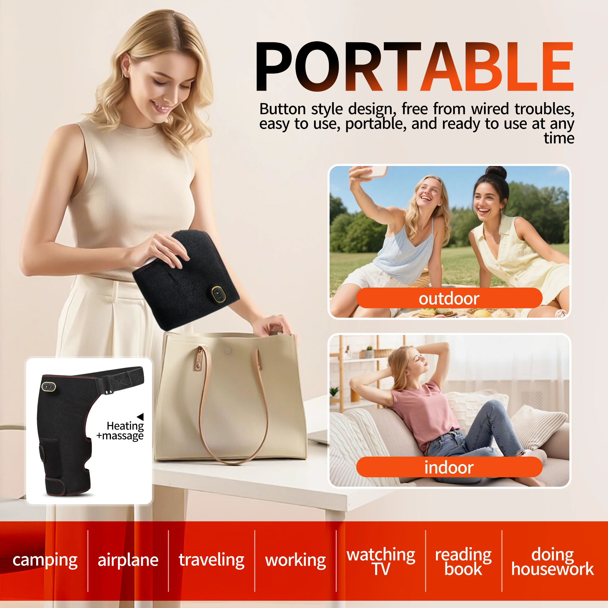USB Heated Hip Brace Massager Carbon Fiber Heating Pad 3 Modes Pain Relief Muscle Relax Sport Recovery