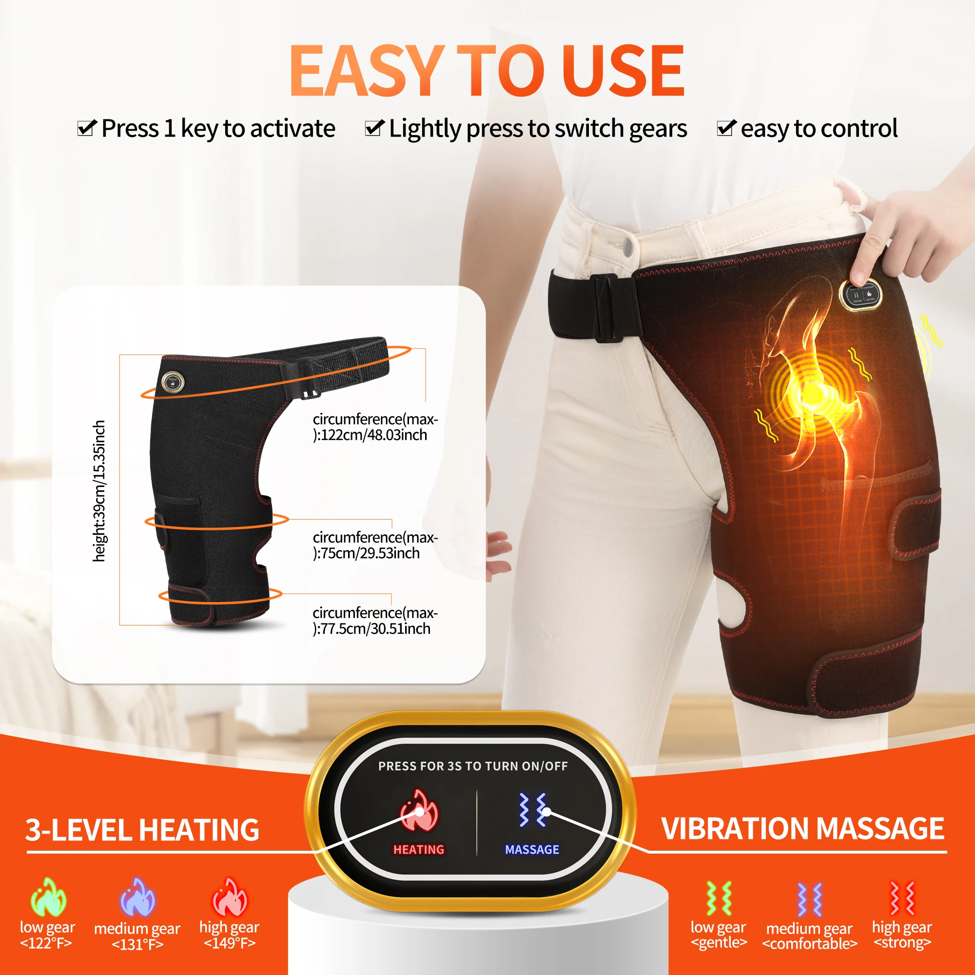 USB Heated Hip Brace Massager Carbon Fiber Heating Pad 3 Modes Pain Relief Muscle Relax Sport Recovery