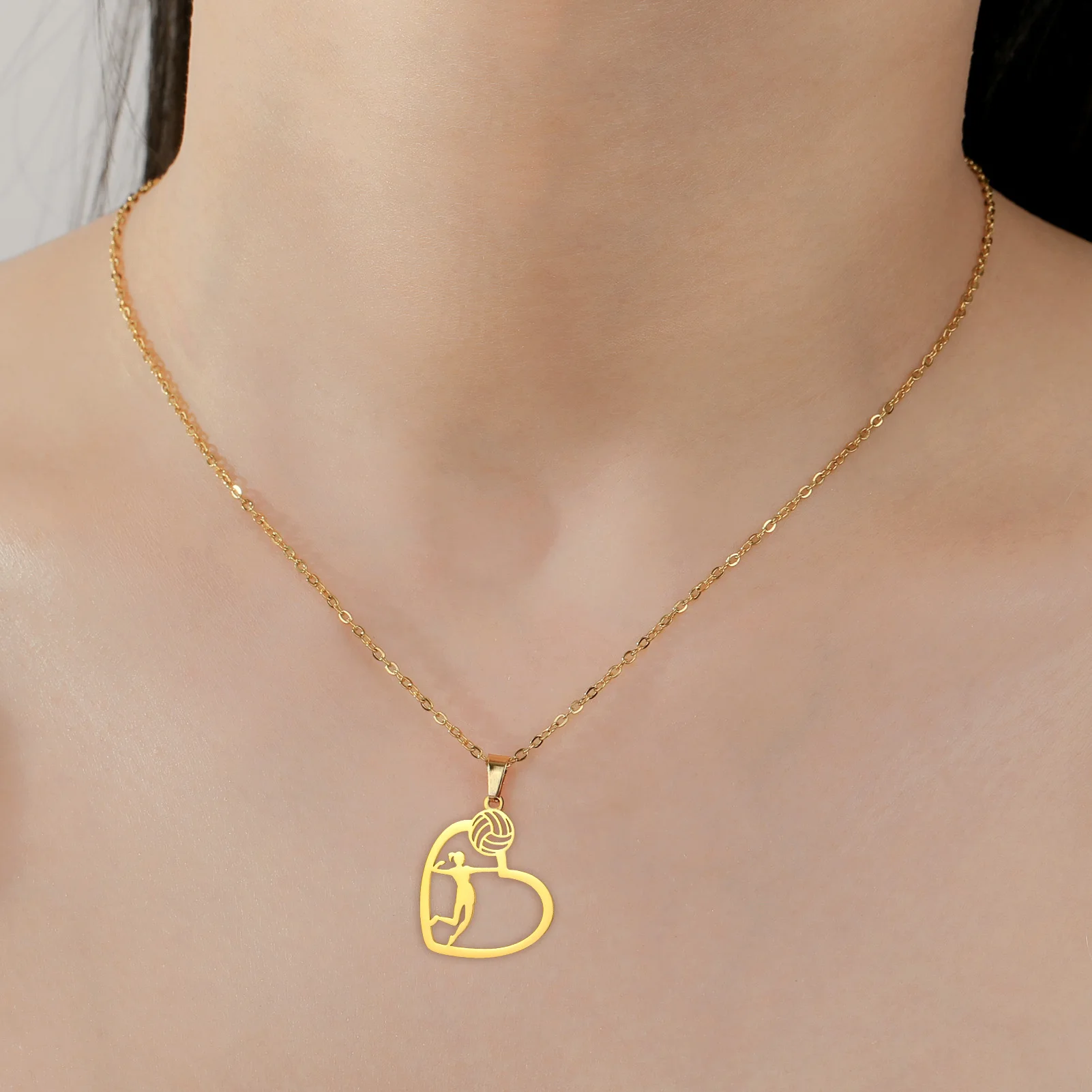 Unift Volleyball  in Heart Necklaces for Women Player Fan Stainless Steel Pendant Neck Chain Fashion Geometry Sport Jewelry