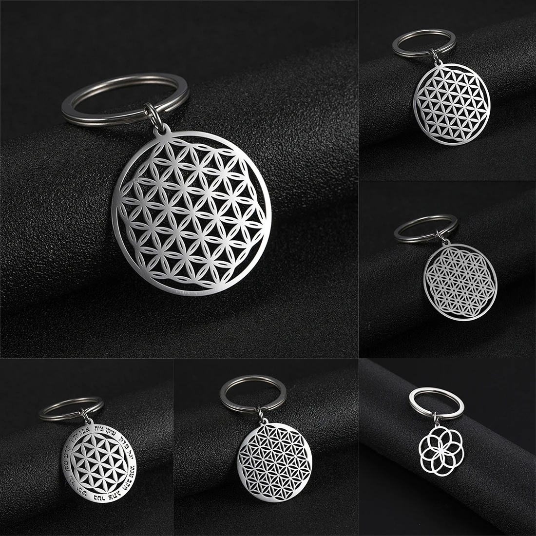 EUEAVAN Hollow Flower of Life Pendant Keychain Stainless Steel Religion Mandala Symbol Keyring Mystical Ancient Egyptian Jewelry