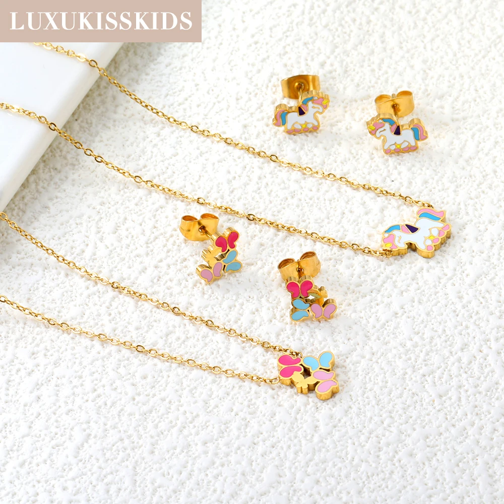 LUXUKISSKIDS Cute Girls Unicorn Sets of Necklace Pendant Earrings Stainless Steel Colorful Butterfly Jewelry Set Birthday Party