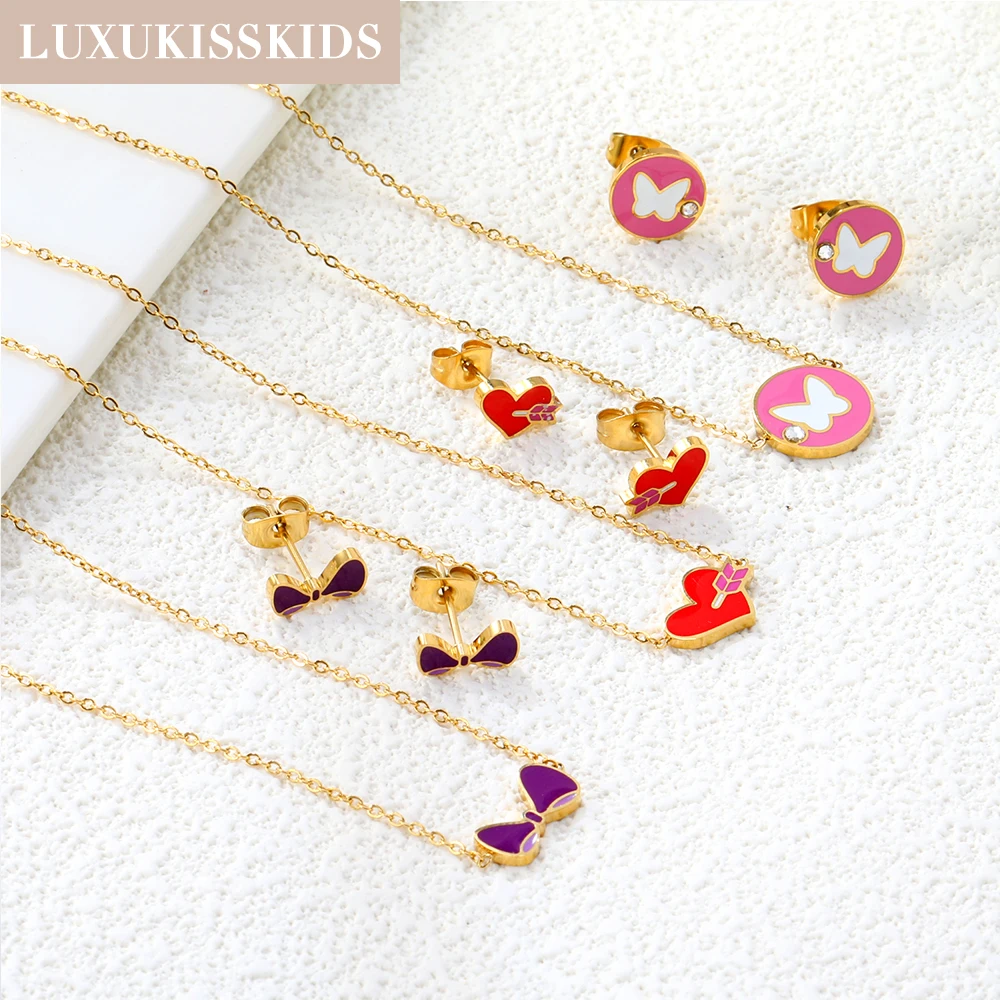 LUXUKISSKIDS Cute Girls Unicorn Sets of Necklace Pendant Earrings Stainless Steel Colorful Butterfly Jewelry Set Birthday Party