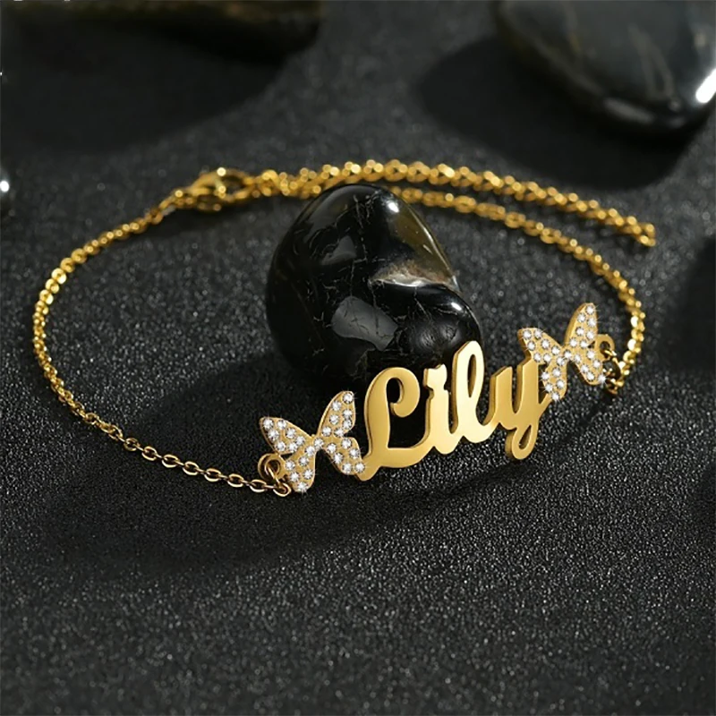 Atoztide Custom Name Necklace Bracelet Stainless Steel Jewelry Set Zircon Stone Butterfly Chain for Women Family Birthday Gift