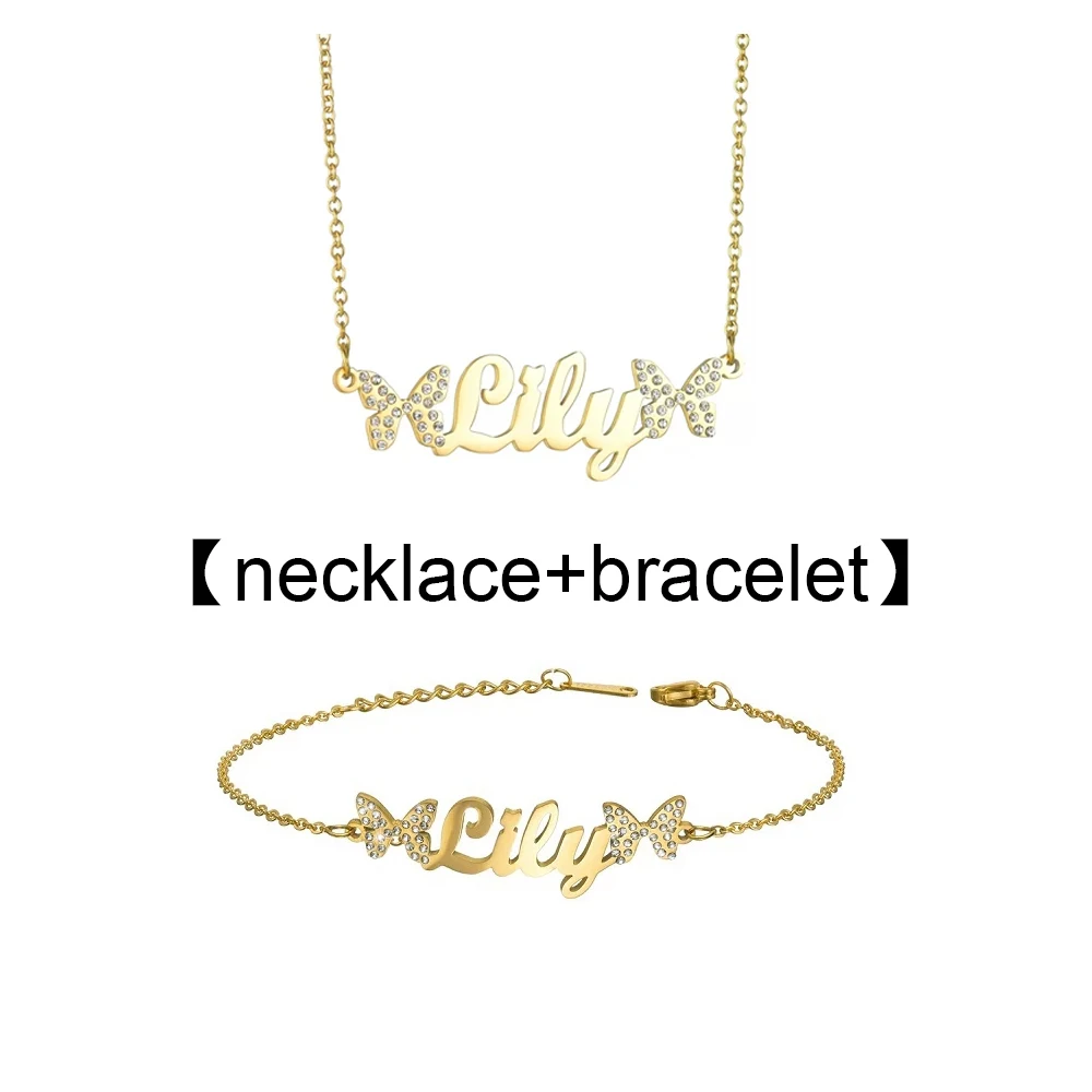 Atoztide Custom Name Necklace Bracelet Stainless Steel Jewelry Set Zircon Stone Butterfly Chain for Women Family Birthday Gift