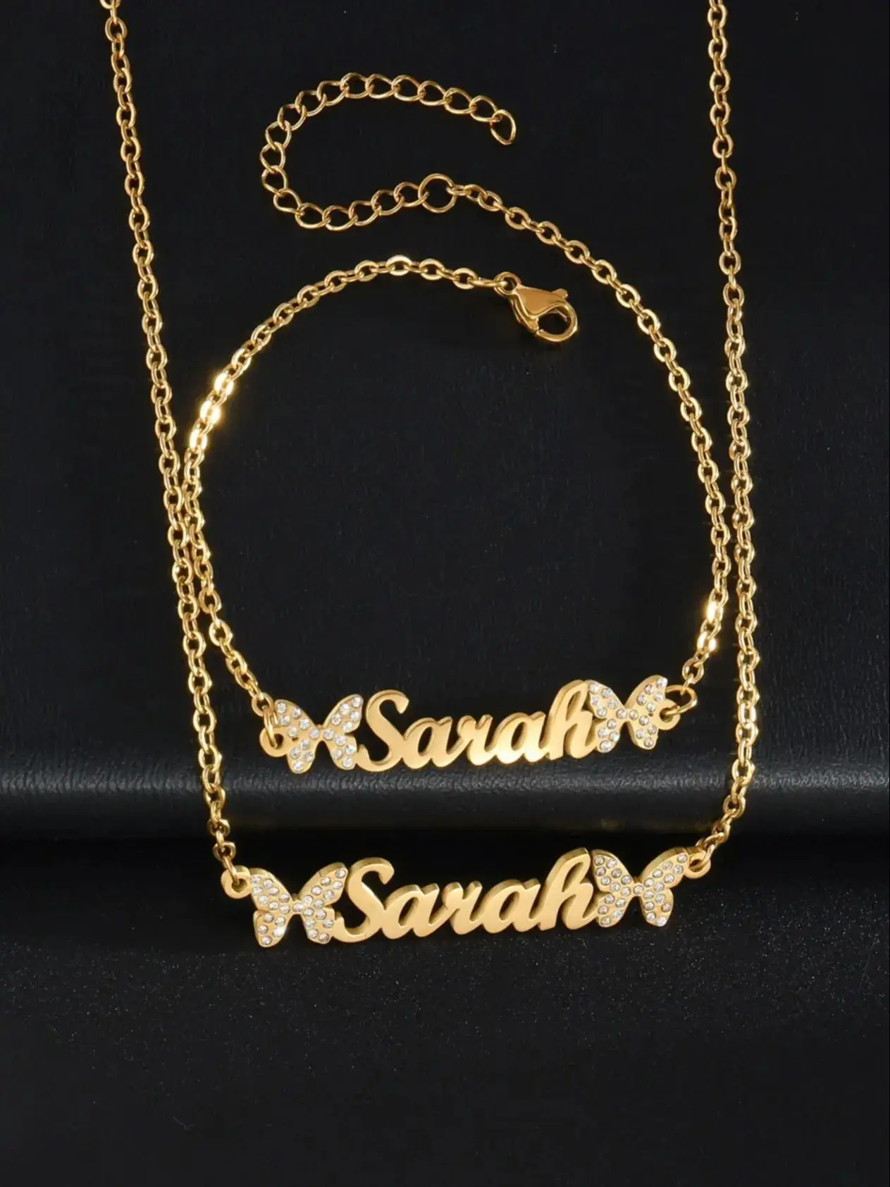 Atoztide Custom Name Necklace Bracelet Stainless Steel Jewelry Set Zircon Stone Butterfly Chain for Women Family Birthday Gift