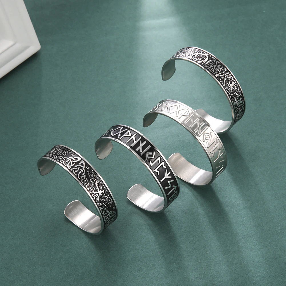 Teamer Stainless Steel Nordic Viking Runes Bangle Men Women Wicca Amulet Vintage Tree of Life Cuff Bracelet Jewelry Couple Gifts