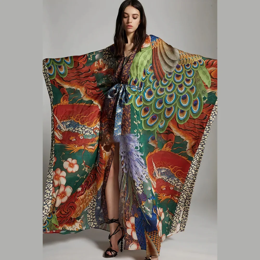 New Big Size Kimono Women Luxury Print Beachwear Cover Up Holiday Tunic Dress Bohemian Style Batwing Sleeve Maxi Dresses