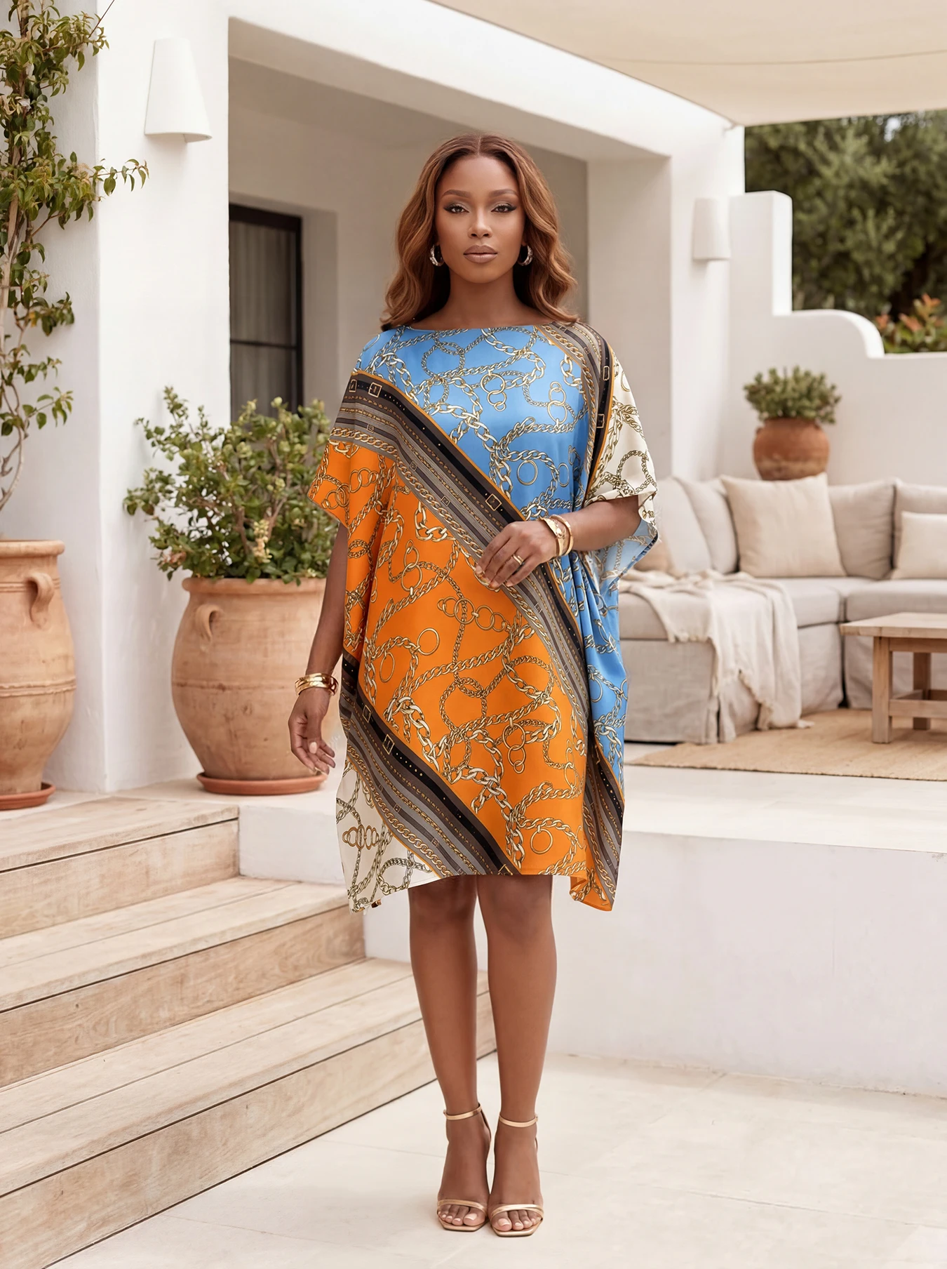 Summer African Print Kaftan Dress - Elegant Boat Neck Batwing Sleeve Loose Midi Tunic, Cross-Border Hot Sale Abaya for Women