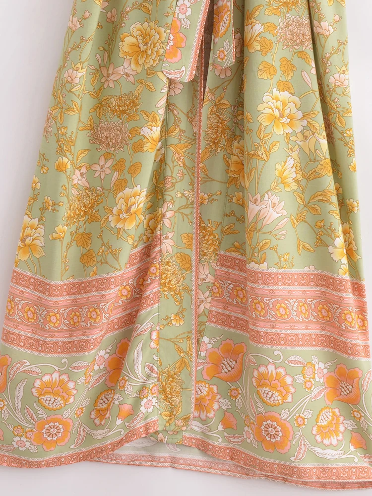Boho Queens Vintage Women Floral Print Sashes Bohemian Kimono Ladies V Neck Batwing Sleeves Rayon Maxi Robe Cover-ups